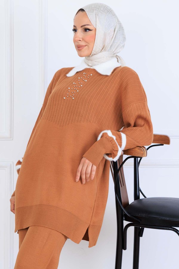 Taş İşlemeli Triko Takım S1009 Taba Taş İşlemeli Triko Takım S1009 Taba