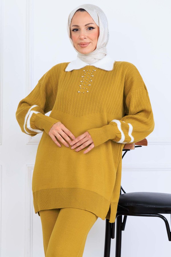 Taş İşlemeli Triko Takım S1009 Yağ Yeşili