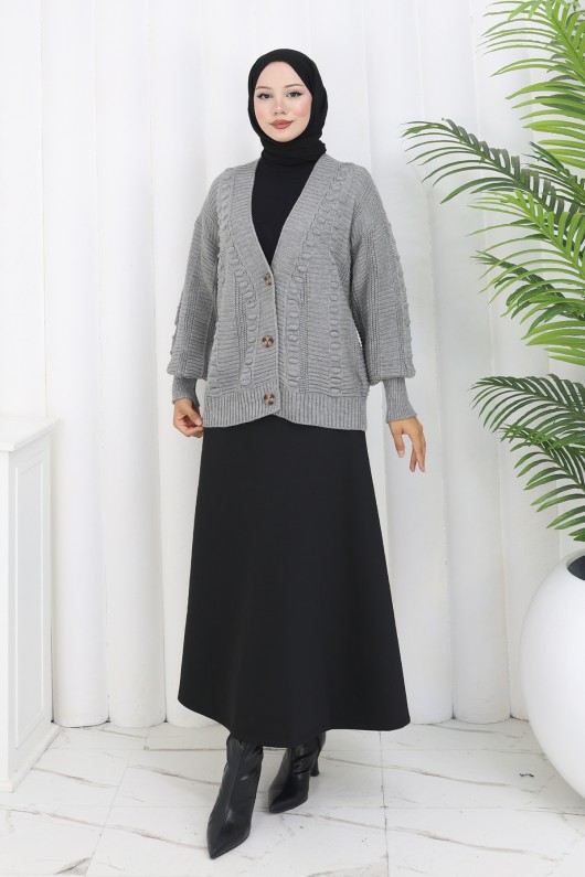 Ponponlu Triko Hırka S4002 Gri Ponponlu Triko Hırka S4002 Gri