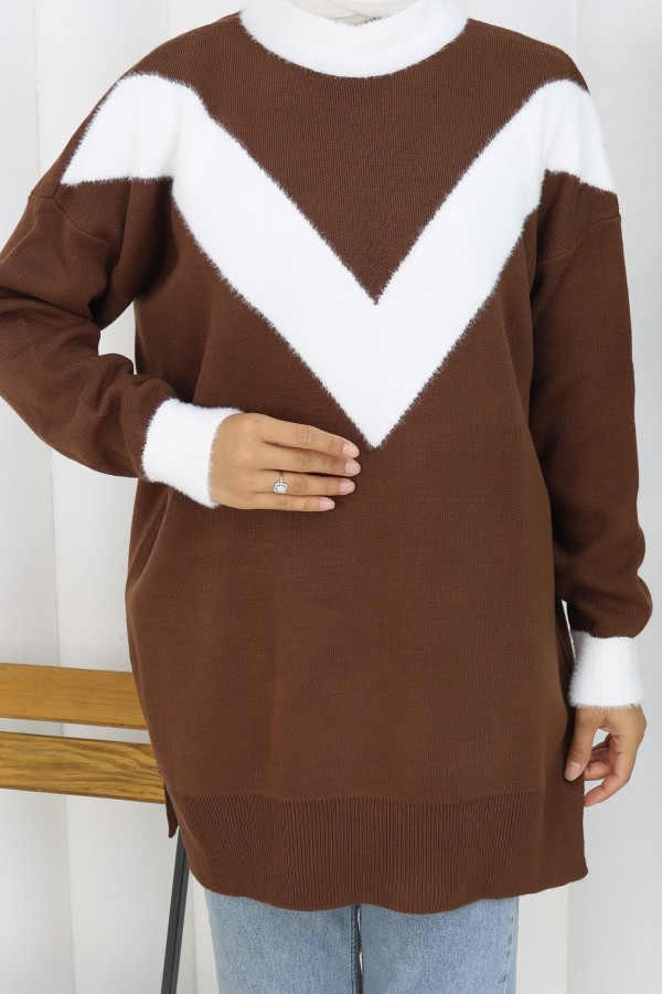Desenli Triko Tunik S3017 Kahverengi
