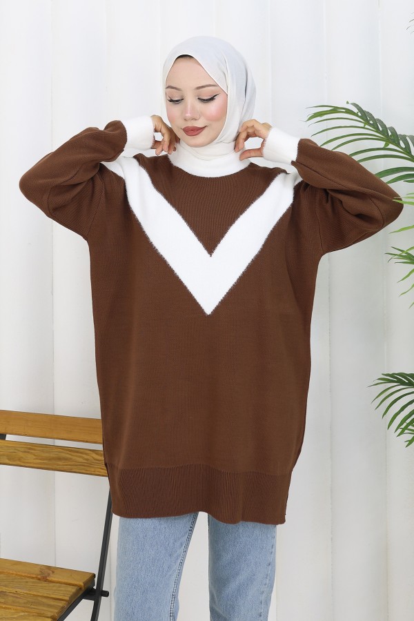 Desenli Triko Tunik S3017 Kahverengi