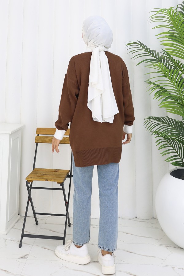 Desenli Triko Tunik S3017 Kahverengi