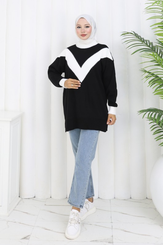 Desenli Triko Tunik S3017 Siyah