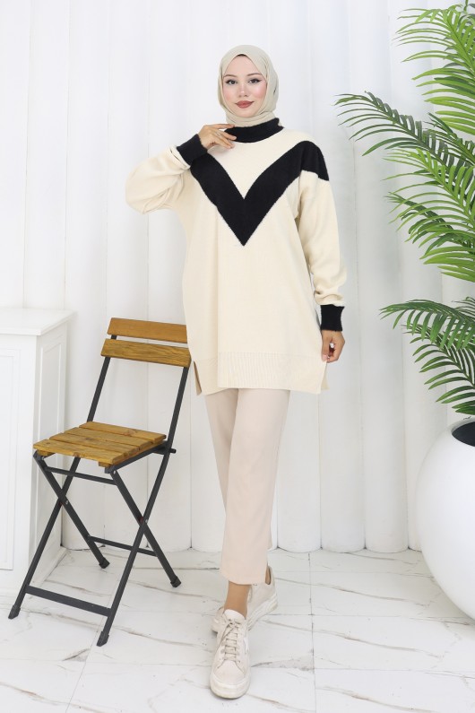 Desenli Triko Tunik S3017 Taş Rengi Desenli Triko Tunik S3017 Taş Rengi