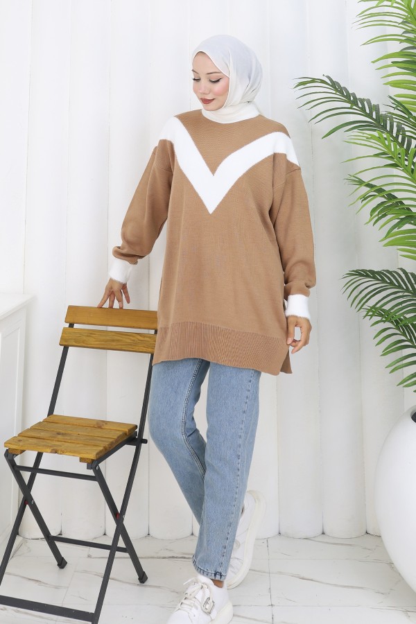 Desenli Triko Tunik S3017 Vizon Desenli Triko Tunik S3017 Vizon