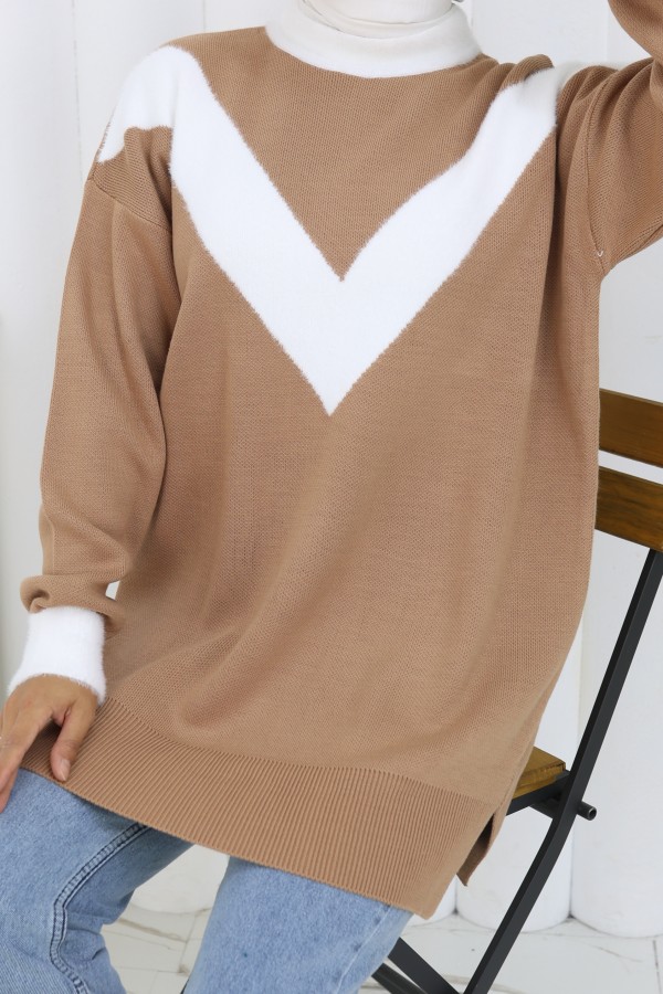 Desenli Triko Tunik S3017 Vizon Desenli Triko Tunik S3017 Vizon