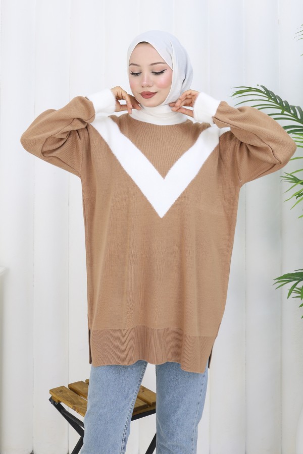 Desenli Triko Tunik S3017 Vizon Desenli Triko Tunik S3017 Vizon