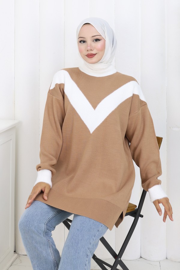 Desenli Triko Tunik S3017 Vizon Desenli Triko Tunik S3017 Vizon
