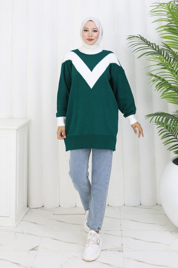 Desenli Triko Tunik S3017 Zümrüt Yeşili Desenli Triko Tunik S3017 Zümrüt Yeşili