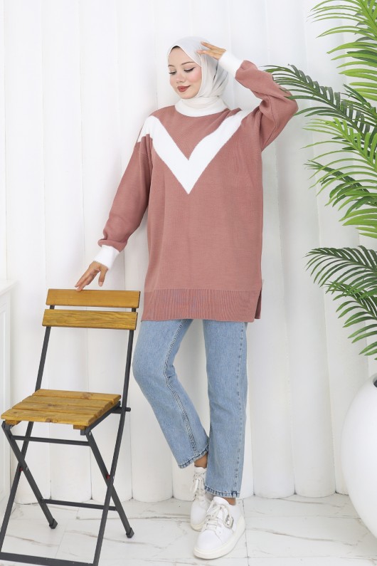 Desenli Triko Tunik S3017 Gül