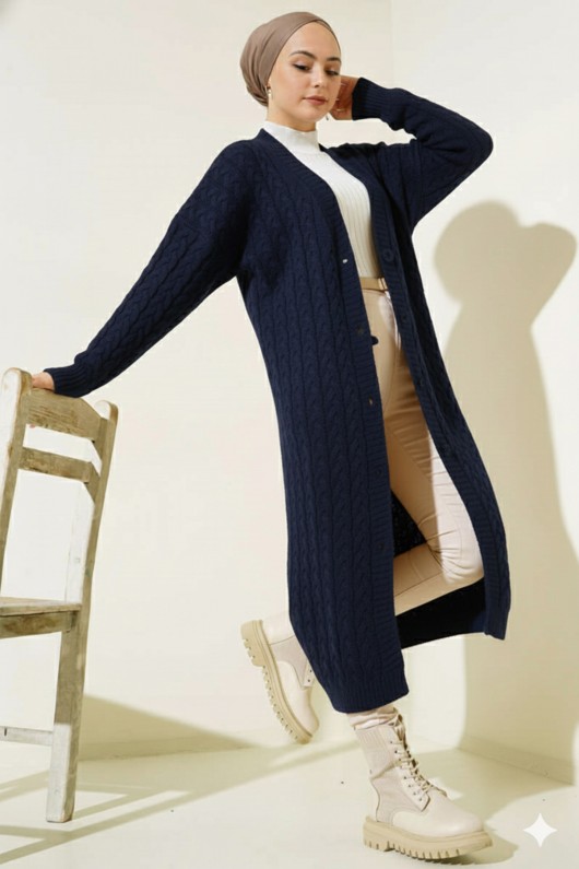 377 Düğmeli Uzun Triko Hırka Lacivert