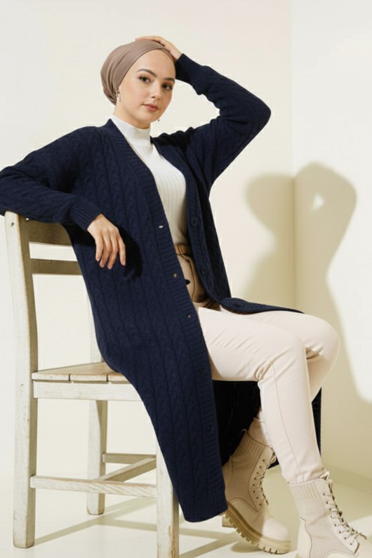 377 Düğmeli Uzun Triko Hırka Lacivert