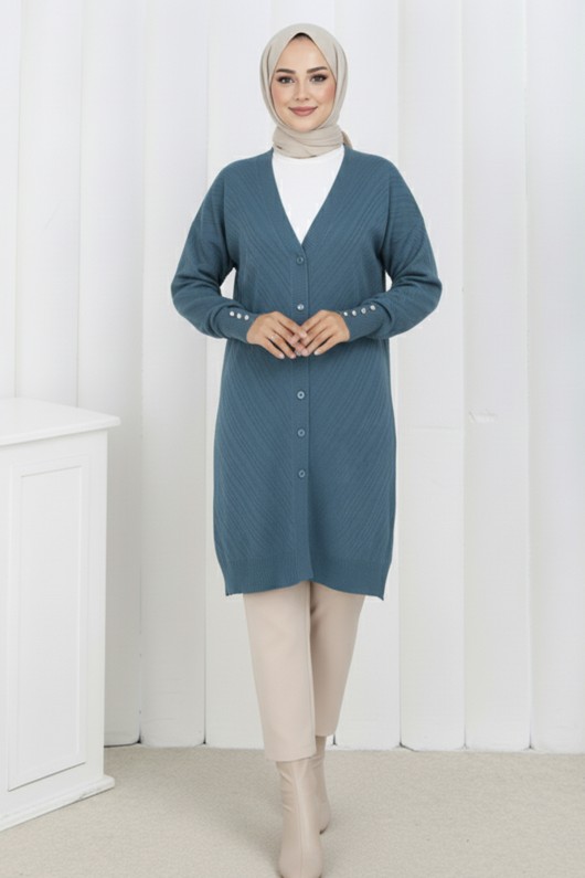 Desenli Uzun Merserize Hırka N3198 Petrol