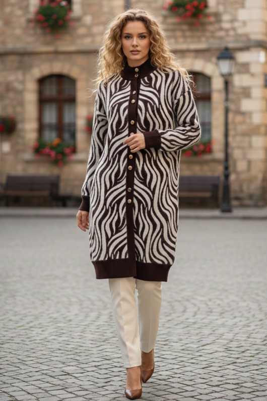 Desenli Tesettür Hırka N3286 Kahverengi