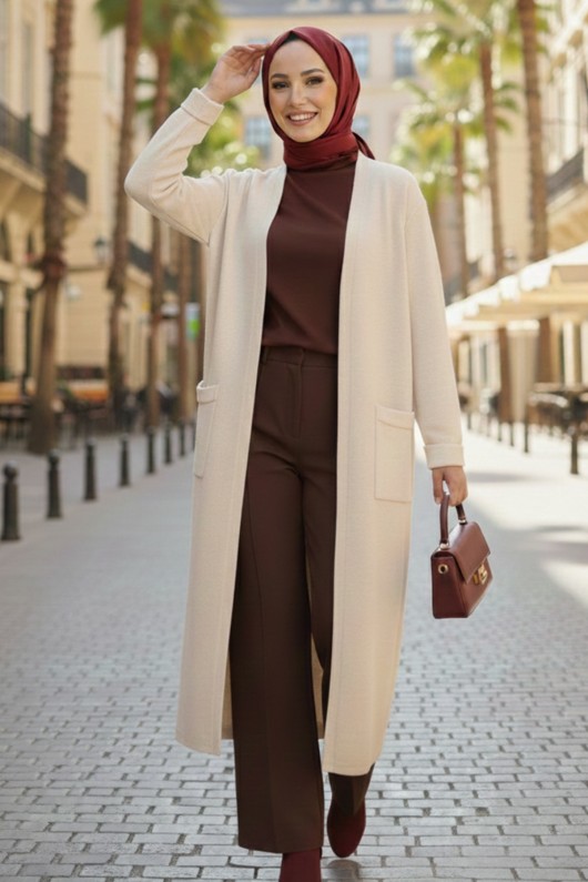 Cepli Uzun Triko Hırka R7145 Ekru Cepli Uzun Triko Hırka R7145 Ekru