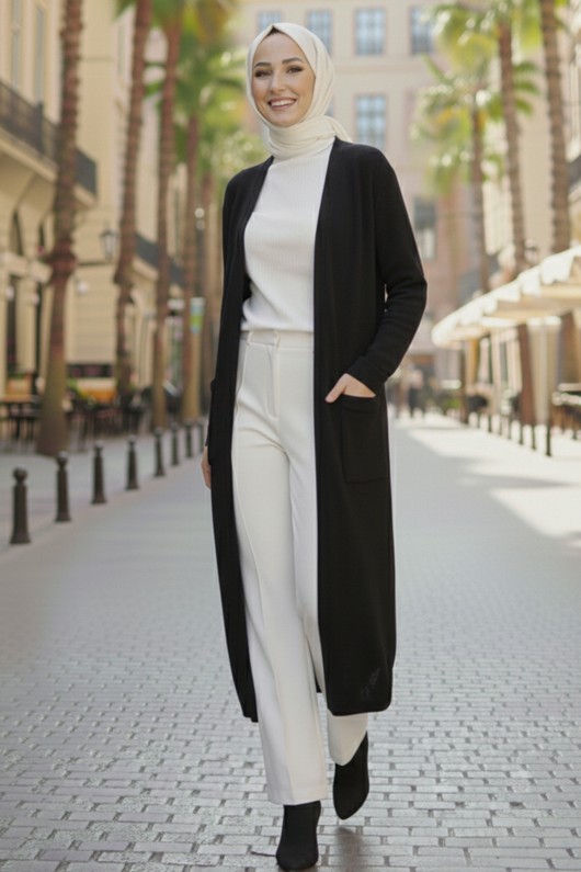 Cepli Uzun Triko Hırka R7145 Siyah