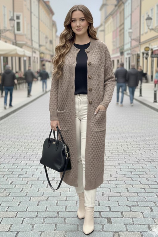 Cepli Desenli Uzun Triko Hırka R4278 Vizon