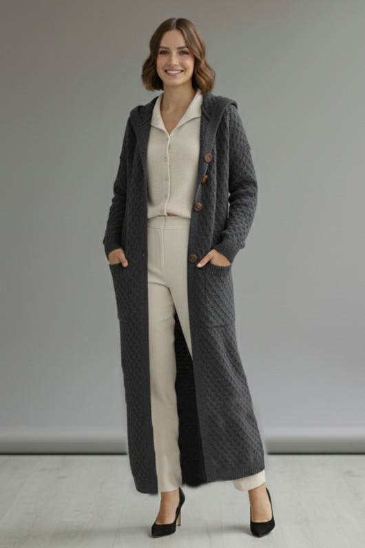 Kapşonlu Desenli Uzun Triko Hırka R4328 Antrasit