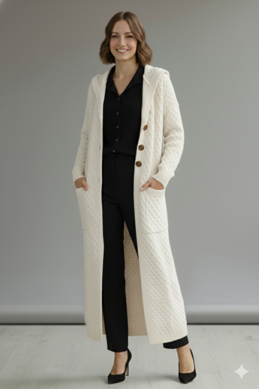 Kapşonlu Desenli Uzun Triko Hırka R4328 Ekru