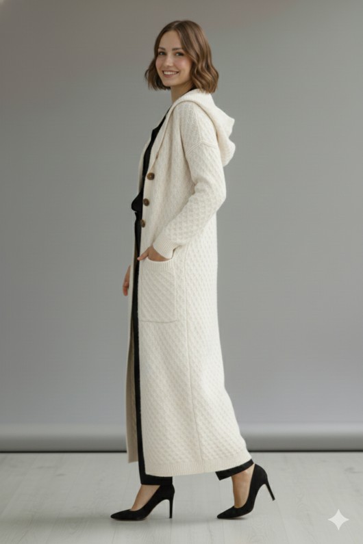 Kapşonlu Desenli Uzun Triko Hırka R4328 Ekru