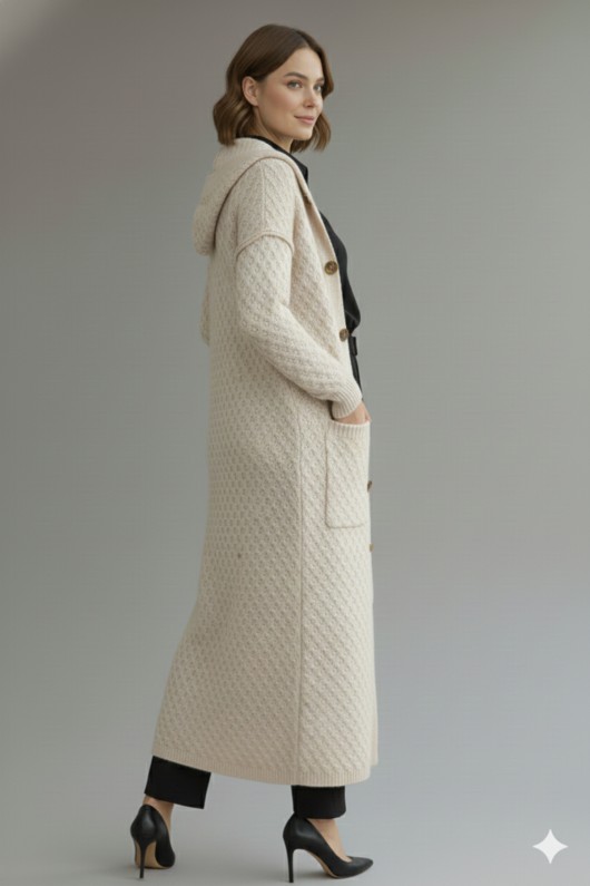 Kapşonlu Desenli Uzun Triko Hırka R4328 Taş Rengi