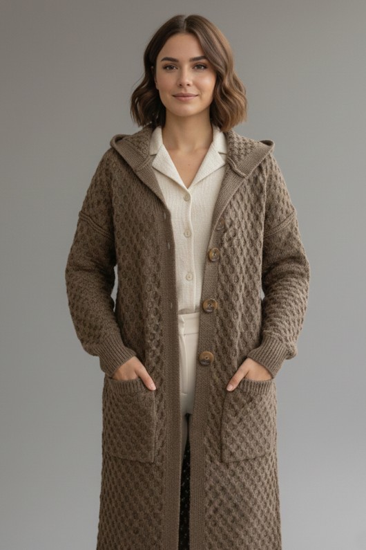 Kapşonlu Desenli Uzun Triko Hırka R4328 Vizon