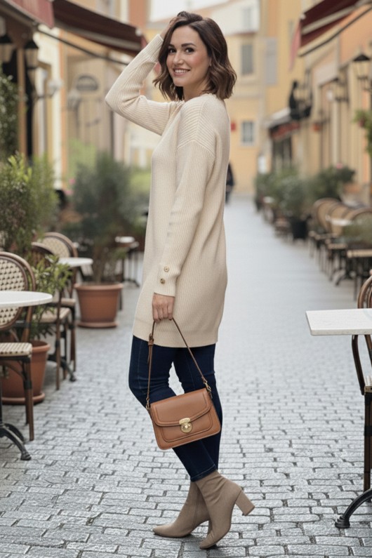 Kolu Düğmeli Triko Kazak R4474 Bej Kolu Düğmeli Triko Kazak R4474 Bej