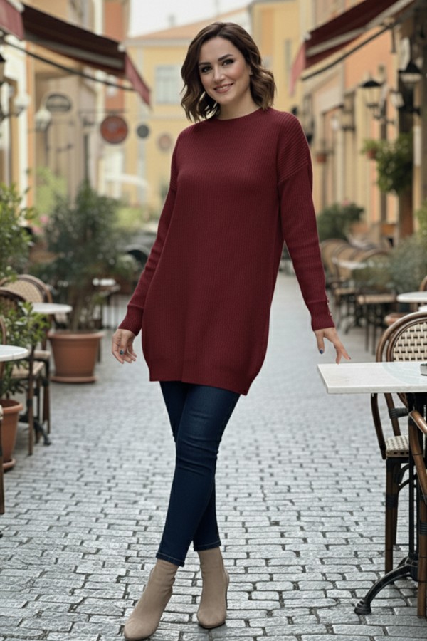 Kolu Düğmeli Triko Kazak R4474 Bordo