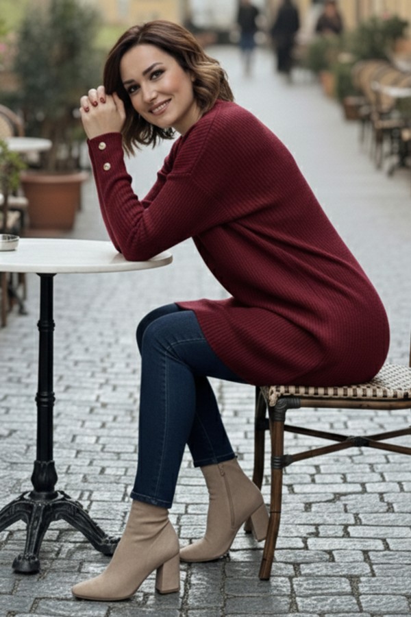 Kolu Düğmeli Triko Kazak R4474 Bordo