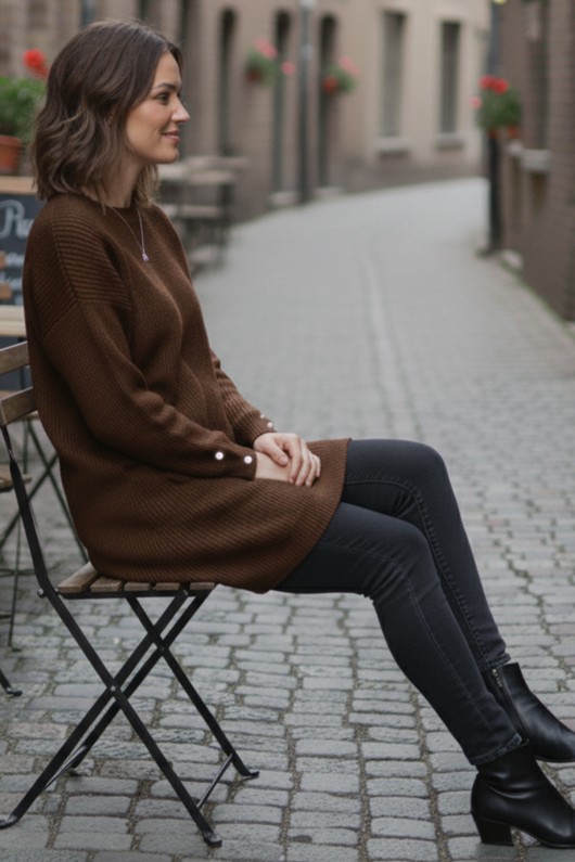 Kolu Düğmeli Triko Kazak R4474 Kahverengi Kolu Düğmeli Triko Kazak R4474 Kahverengi