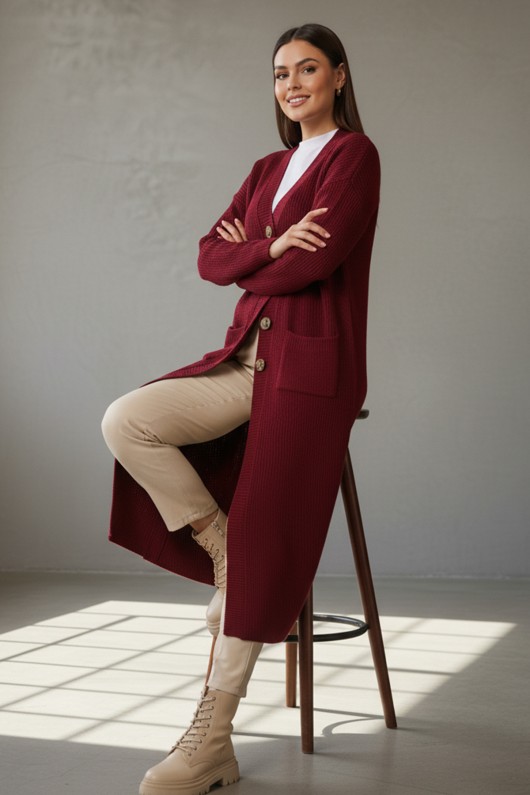 Cepli Uzun Triko Hırka R2892 Bordo Cepli Uzun Triko Hırka R2892 Bordo