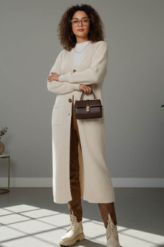 Cepli Uzun Triko Hırka R2892 Ekru