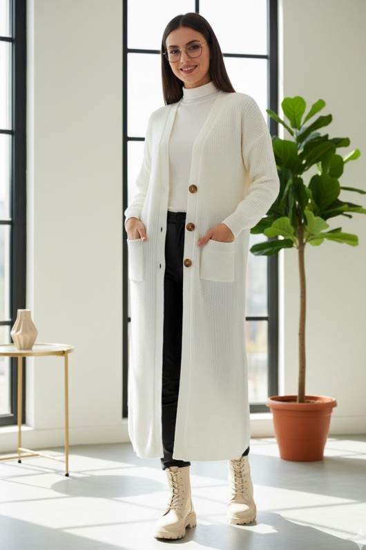 Cepli Uzun Triko Hırka R2892 Taş Rengi Cepli Uzun Triko Hırka R2892 Taş Rengi