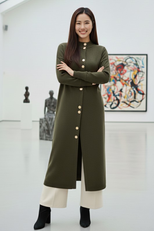 Düğmeli Uzun Triko Hırka R4413 Haki