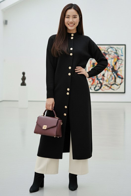 Düğmeli Uzun Triko Hırka R4413 Siyah Düğmeli Uzun Triko Hırka R4413 Siyah