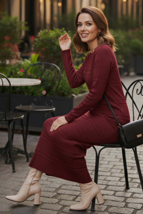 Desenli Uzun Triko Elbise R7148 Bordo