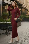 Desenli Uzun Triko Elbise R7148 Bordo