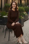 Desenli Uzun Triko Elbise R7148 Kahverengi