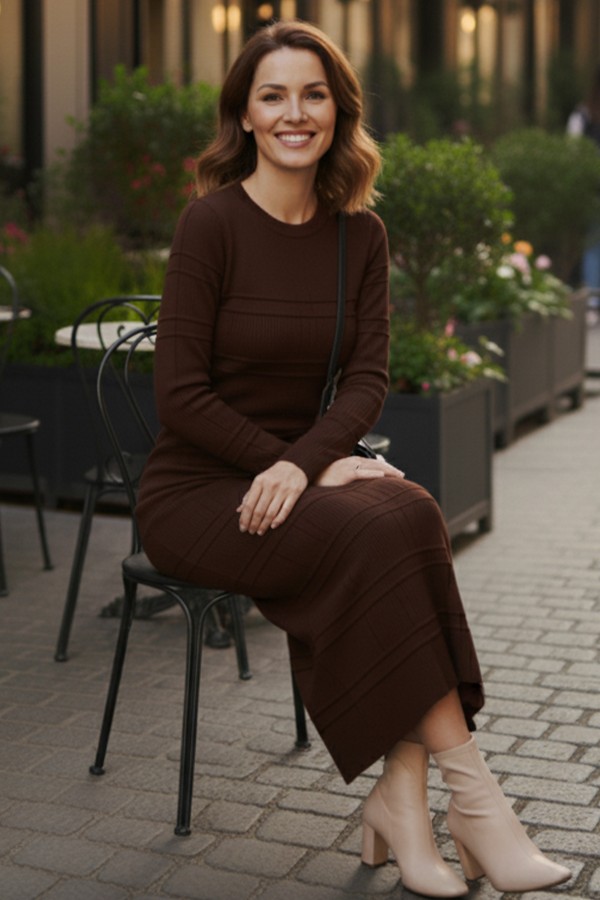 Desenli Uzun Triko Elbise R7148 Kahverengi