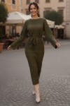 Baklava Desenli Fileli Triko Elbise R4454 Haki