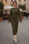 Baklava Desenli Fileli Triko Elbise R4454 Haki