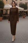 Baklava Desenli Fileli Triko Elbise R4454 Kahverengi
