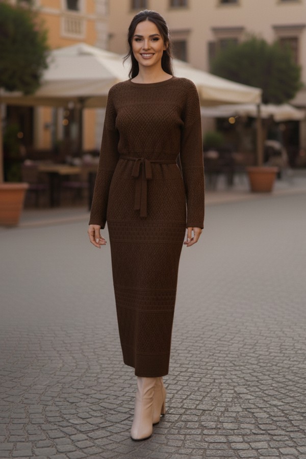 Baklava Desenli Fileli Triko Elbise R4454 Kahverengi