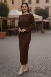 Baklava Desenli Fileli Triko Elbise R4454 Kahverengi