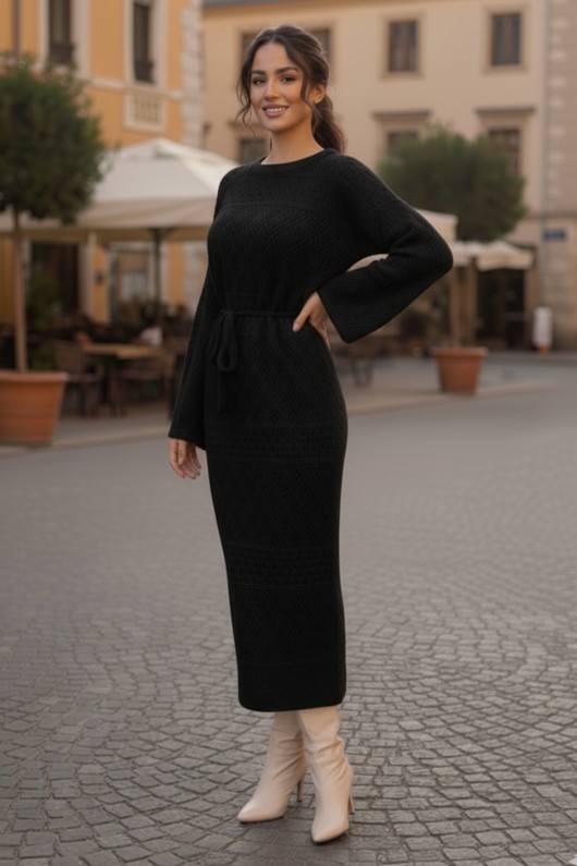 Baklava Desenli Fileli Triko Elbise R4454 Siyah