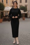 Baklava Desenli Fileli Triko Elbise R4454 Siyah