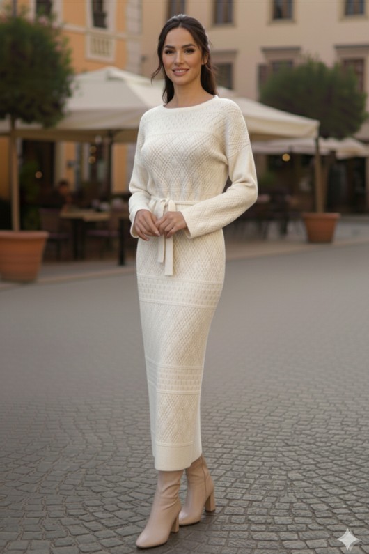 Baklava Desenli Fileli Triko Elbise R4454 Taş Rengi