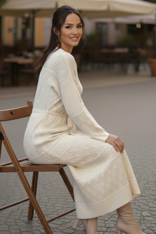 Baklava Desenli Fileli Triko Elbise R4454 Taş Rengi