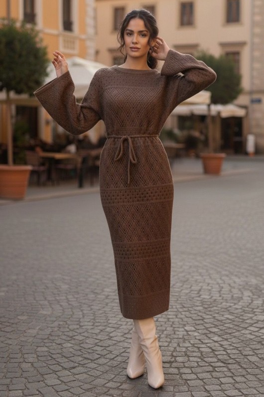 Baklava Desenli Fileli Triko Elbise R4454 Vizon