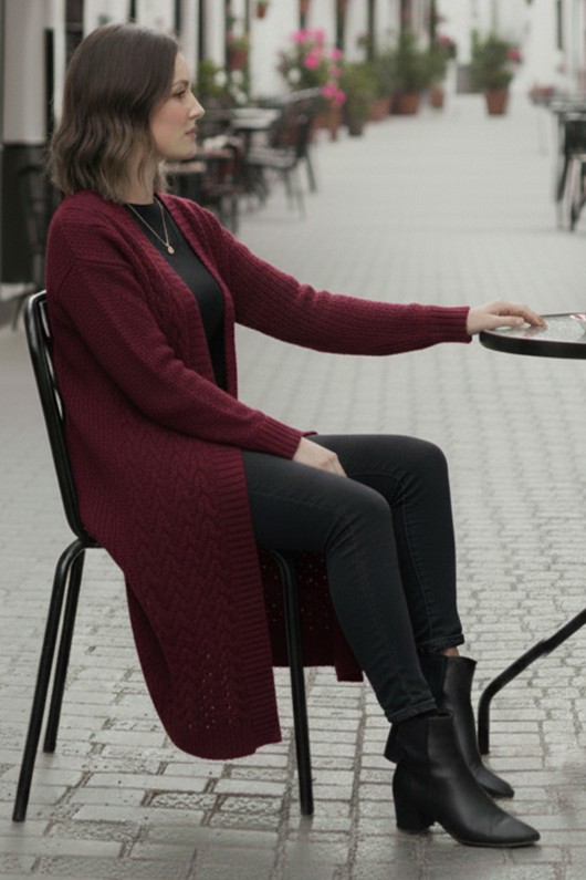 Örgü Desenli Uzun Triko Hırka R4251 Bordo Örgü Desenli Uzun Triko Hırka R4251 Bordo